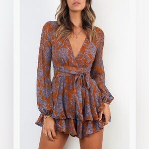 Elegant Rust and Blue Gray Floral Women's Shorts Romper